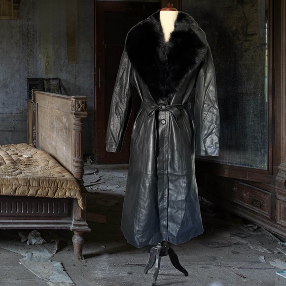 Black Dakota Belted Leather Coat Trench Removable Fur Collar Jacket - Picture 8 of 8